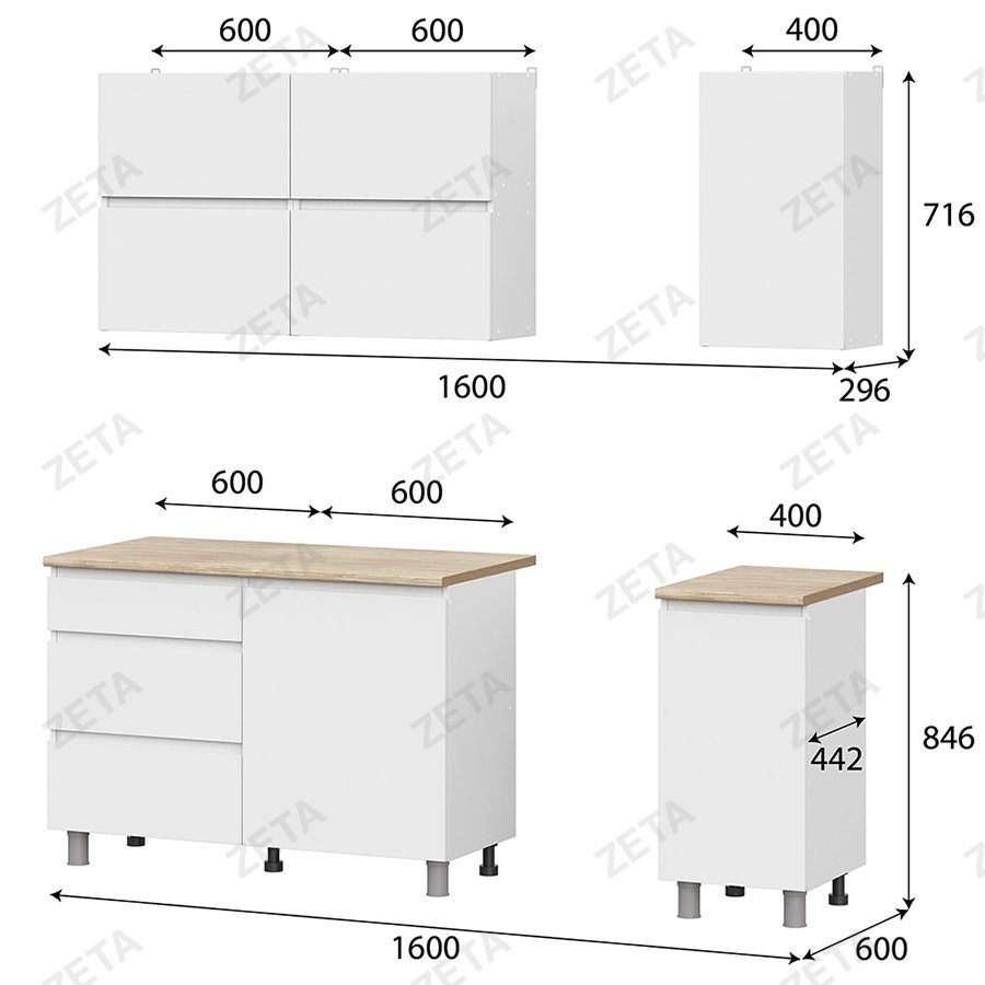 Кухонный гарнитур Токио 1,6м (серия 3) Белый текстурный/Дуб сонома (РФ)