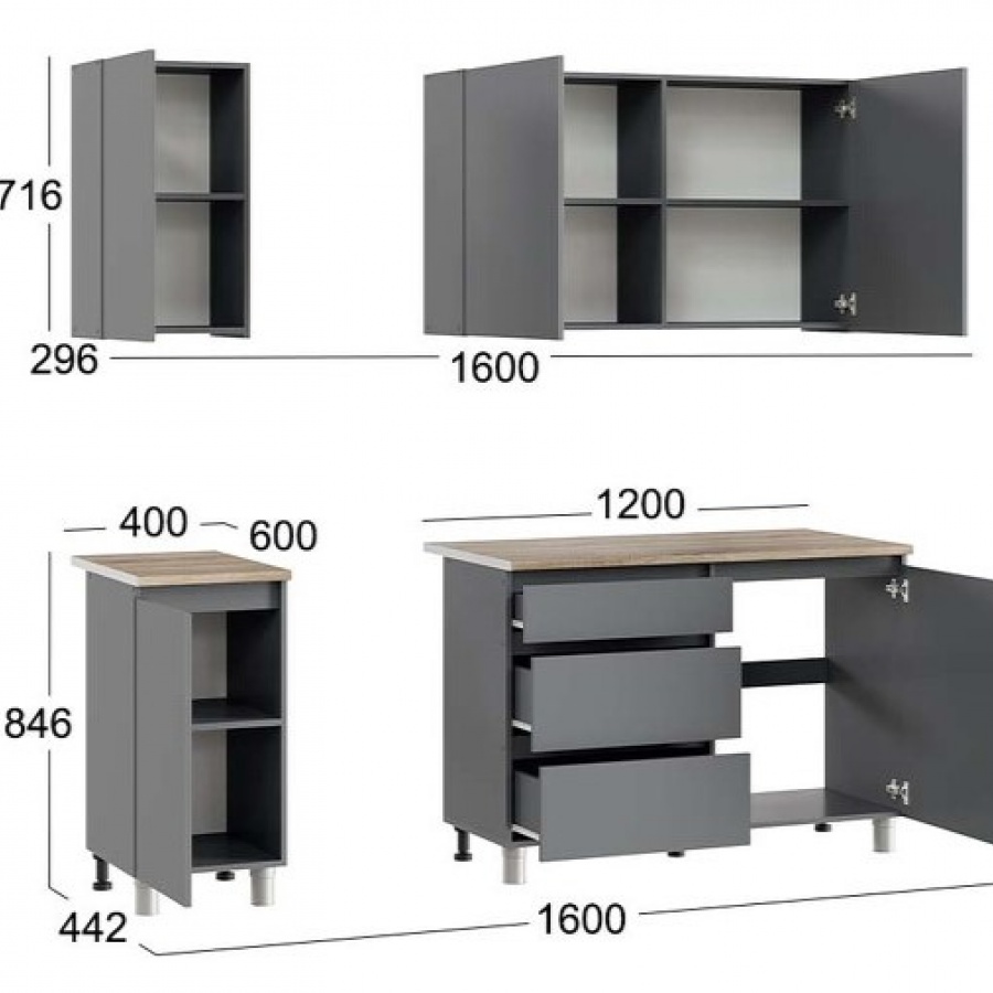 Кухонный гарнитур Денвер 1,6м Графит серый/Дуб Сонома (РФ)